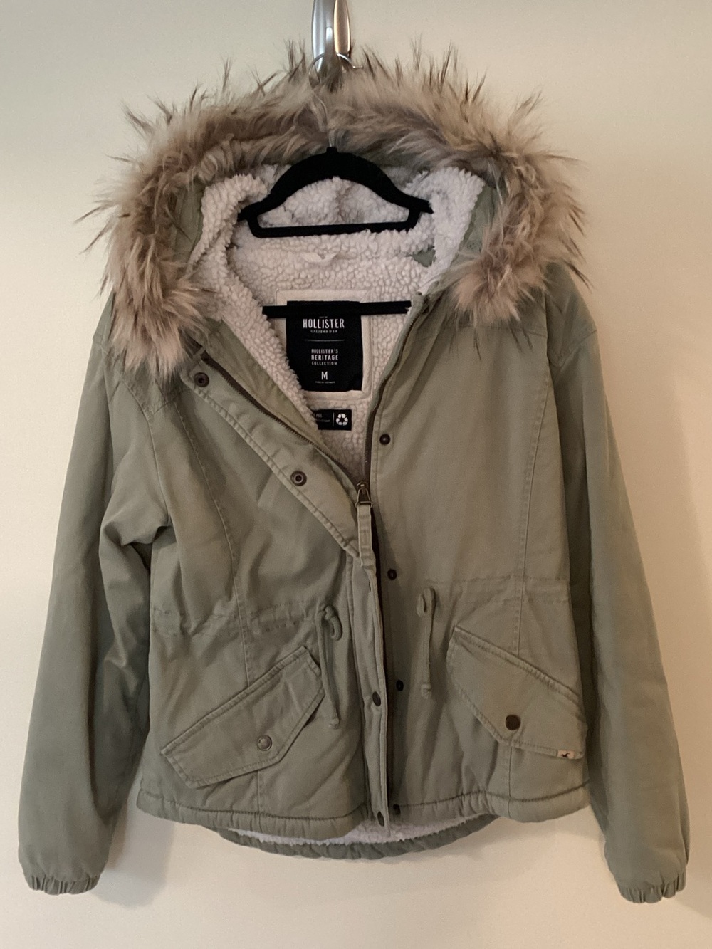 Hollister Women's Sage Green Parka with Faux Fur Trim Hood